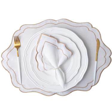 Imagem de Jogo Americano Luxo com Guardanapos, 12 Peças 6 Lugares, Sousplat Bordado Dourado, Oxford Engomado, 50x35cm, Elegante para Mesa Posta, Diversas Cores (Marfim)