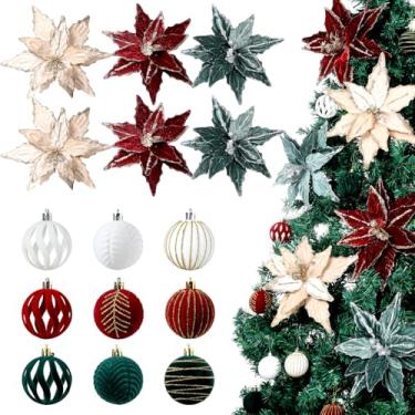 Imagem de Conjunto de enfeites de árvore de Natal de veludo, 24 peças, 18 peças, enfeites de bola de Natal flocados, 6 peças, flores de poinsétias com glitter artificial com haste para decoração de festa de