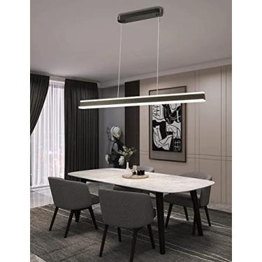 Imagem de Lustre pendente LED moderno com intensidade regulável, design linear preto, com controle remoto, ideal para restaurantes, mesas de jantar, escritórios e salas de reunião (100 cm de comprimen