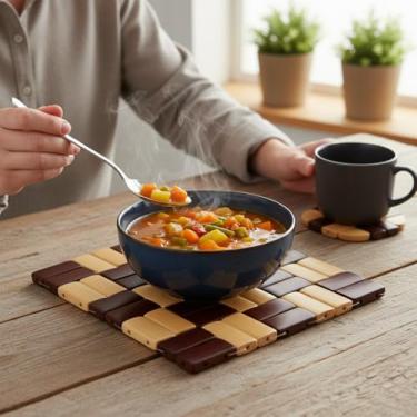 Imagem de Descanso de Panelas Bamboo Xadrez 16x16cm Proteção Térmica para Cozinha