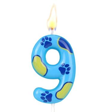 Imagem de Vela Aniversário com Tema Pata de Cão Azul, Fofa Estampado Pata Cão Vela com Número para Bolo Aniversário Decoração Topo Bolo para Menino e Menina (Número 9)