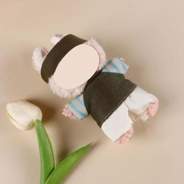 Imagem de Compatível com Labubu 15 cm/17 cm (nenhuma boneca incluída) – top de malha verde-oliva (mangas listradas azuis) + shorts brancos + conjunto de roupa de tiara, acessórios de roupas de boneca