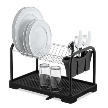Imagem de Escorredor De Louça Pratos Copos Talheres Aço Duplo Com Bica Preto - A