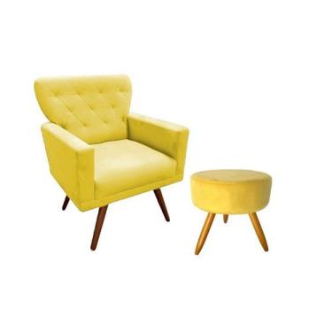 Imagem de Kit Poltrona Decorativa Aurora + 1 Puff Redondo Suede Amarelo Pés Made