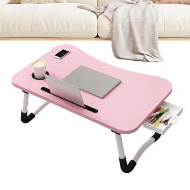 Imagem de Mesa de laptop para cama | Mesa de cama dobrável com suporte de copo e compartimento para tablet | Bandeja de laptop com gaveta de armazenamento para café da manhã, trabalho, leitura