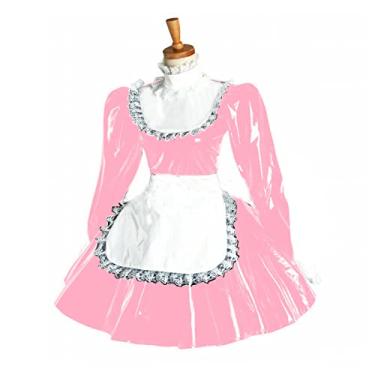 Imagem de Vestido feminino plus size bufante manga comprida avental de renda PVC Wetlook Maid fantasia, rosa claro, P