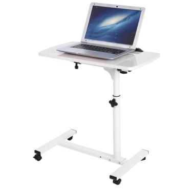 Imagem de Mesa lateral de sofá ajustável com cesta de armazenamento, mesa de sobrecama com rolamento, mesa compacta para laptop, mesa de lanche com rodas - ideal para sala de estar ou quarto (branca)