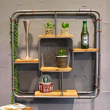 Imagem de Prateleiras flutuantes de parede, 5 unidades de prateleiras, quadradas, ferro forjado, madeira, suporte para vinho, pendurar na parede, criativo, decoração de restaurante, parede, 60 x 14 x 60 cm