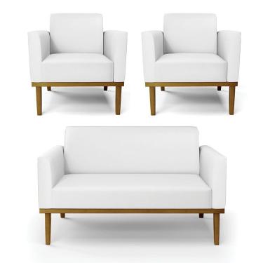 Imagem de Sofá Namoradeira Com 2 Poltronas Base De Madeira Fixa Castanho Marisa Corino D03 - D?rossi Cor Branco
