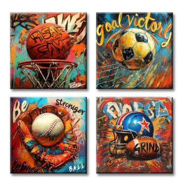 Imagem de DJSYLIFE Decoração esportiva para quarto de meninos decoração de parede grafite arte de parede basquete futebol beisebol futebol impressão em tela para adolescentes meninos quarto sala de jogos