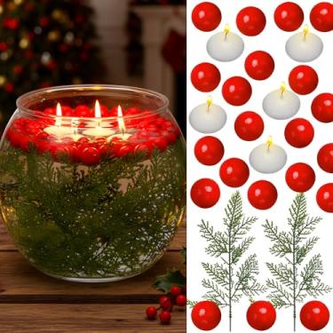 Imagem de Vesici Conjunto de enchimento de vaso de Natal com 96 peças - tigela decorativa de plástico transparente, contas artificiais de frutas vermelhas, agulhas de pinheiro falsas, velas flutuantes para