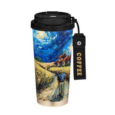 Imagem de SEHANY Caneca de café Starry Starry Night Travel de 500 ml com revestimento de cerâmica e tampa à prova de vazamento, parede dupla, isolada a vácuo, copo de aço inoxidável para bebidas quentes e frias
