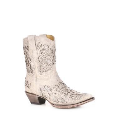 Imagem de Corral Boots Botas femininas brancas feitas à mão para casamento | Botas de cano curto caubói com glitter embutido e design de cristal, Branco, 40