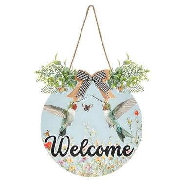 Imagem de SEHANY Placa de boas-vindas colorida, beija-flor, decoração de porta da frente, guirlanda de boas-vindas redonda para decoração de casa de fazenda, varanda, pátio, 30 x 30 cm