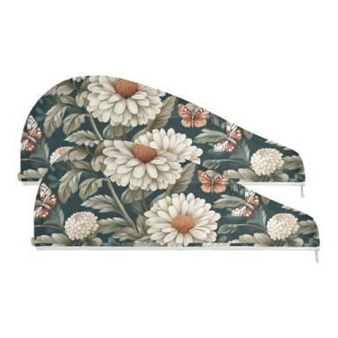Imagem de SEHANY Toalha de cabelo de microfibra de flores coloridas elegantes para mulheres, 2 peças, turbantes de cabelo de secagem rápida com botão, touca de cabelo seco absorvente toalha de secagem de cabelo