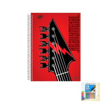 Imagem de Kit Caderno Masculino 20 Matérias Capa Dura 400 Folhas + Caneta Esferográfica 0.7mm + Marcador Artístico Brush Metallic