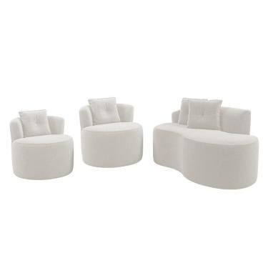 Imagem de Kit Sofá E 02 Poltronas Orgânicas Living Bob Com Almofadas Bouclê Off White - Desk Design