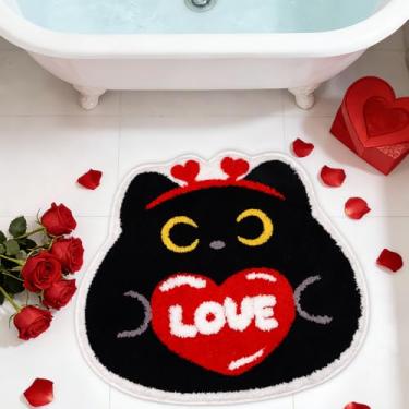 Imagem de NIGOWAYS Tapete de banheiro de Dia dos Namorados, tapete de banho de gato preto coração, tapete de banho macio e absorvente, tapete antiderrapante para chuveiro, banheiro, quarto, decoração do dia dos