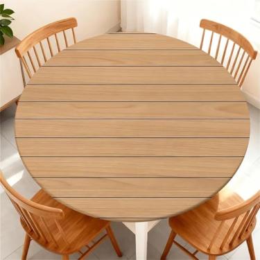 Imagem de Yesad Toalha de mesa redonda com borda elástica para mesa redonda de até 94 a 112 cm, capa de mesa impermeável para acampamento, interior, exterior, férias, verão, madeira clara
