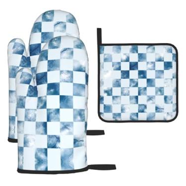 Imagem de Tabuleiro de xadrez tie-dye – Conjunto de cozinha essencial com 3 peças, luvas resistentes ao calor e aderência da tampa, proteção para churrasco no forno, design de armazenamento suspenso.