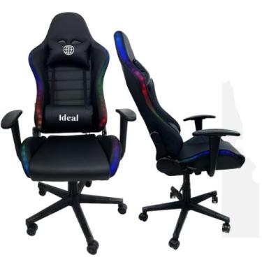 Imagem de Cadeira Gamer Giratória com Luzes RGB, Couro Sintético, Preto e Branco, Reclinável 180°, Elevação a Gás, Base Nylon 350mm, Suporta 120kg