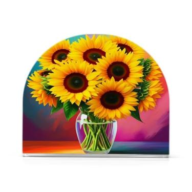 Imagem de Qilmy Girassóis em um suporte de guardanapo de acrílico de vidro transparente, porta-guardanapos para mesas cozinha restaurante decoração de casa, suporte decorativo moderno para guardanapos de