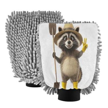 Imagem de STAYTOP Guaxinim usando botas amarelas luvas de lavagem de carro, 2 peças, luvas de microfibra de chenille, sem arranhões, panos de esponja de lavagem ultra absorventes para carros, limpeza doméstica