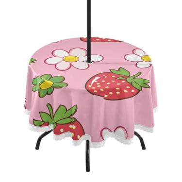 Imagem de CEBUGI Toalha de mesa redonda para uso ao ar livre, kawaii, morango, impermeável, com furo Umberlla, capa de mesa lavável para pátio, cozinha, sala de jantar, 152 cm