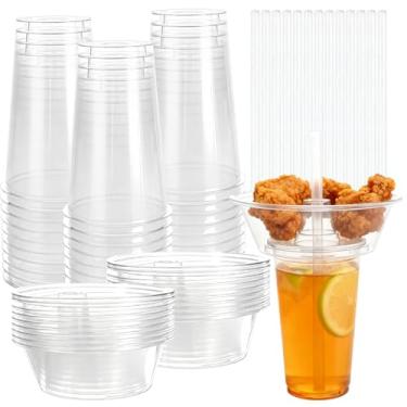 Imagem de STARVAST Conjunto de 30 copos de lanche e bebida, copo de plástico descartável transparente com tigela de lanche na parte superior, inclui 30 xícaras, 30 tigelas e 30 canudos para festa, estádio