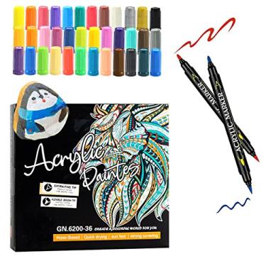 Imagem de Yolaka 36 canetas de tinta acrílica de ponta dupla com ponta de pincel e marcador de tinta de ponta fina GN6800 pastel à base de água para pintura rupestre, tela, pedra, vidro, pinturas em aquarela