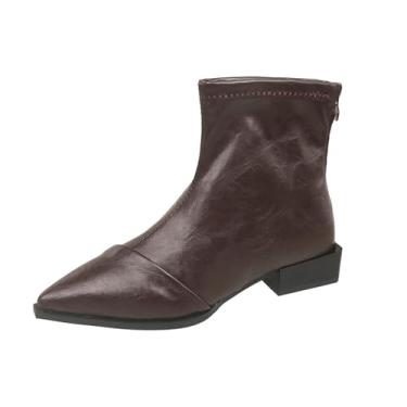 Imagem de Botas femininas de cano curto, bico fino, zíper nas costas, salto baixo grosso com detalhes emendados para um toque moderno, Marrom, 36