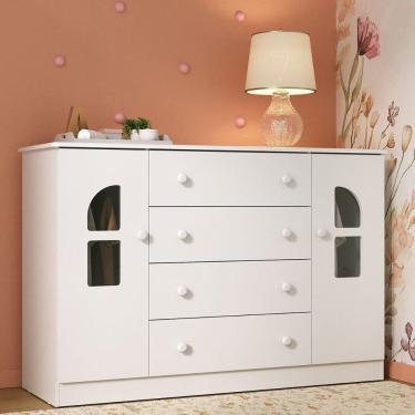 Imagem de Cômoda Infantil 125cm 2 Portas Com Vidro E 4 Gavetas Amora Multimóveis MP4511 Branco
