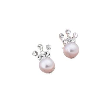Imagem de Brincos femininos em forma de coroa com design brilhante de diamante falso e pérola, bonitos e exclusivos, adequados para o dia a dia e qualquer ocasião.