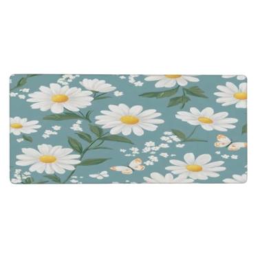Imagem de Tapete de mouse grande com margaridas brancas à prova d'água para computador estendido tapete protetor de mesa base de borracha antiderrapante para escritório, computador, teclado, laptop e mesa de