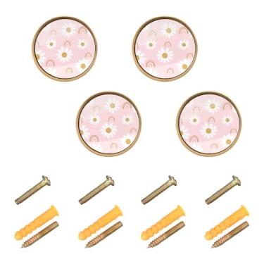 Imagem de Joisal Margaridas arco-íris rosa pacote com 4 puxadores pequenos maçanetas douradas, puxadores de gaveta de cômoda 3 cm