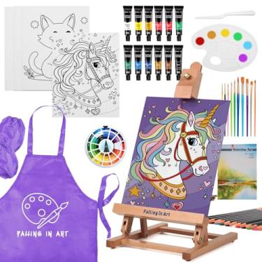 Imagem de Falling in Art Conjunto de 46 peças de tinta acrílica com cavalete de mesa, kit de pintura artística com tintas acrílicas, painéis de tela, pincéis, kit de suprimentos de tela para crianças, adultos
