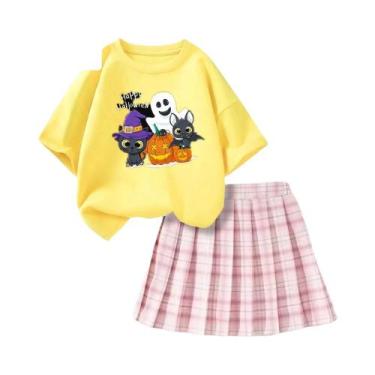 Imagem de Conjunto De Camiseta E Saia Xadrez Com Estampa De Gato Fantasma De Hal