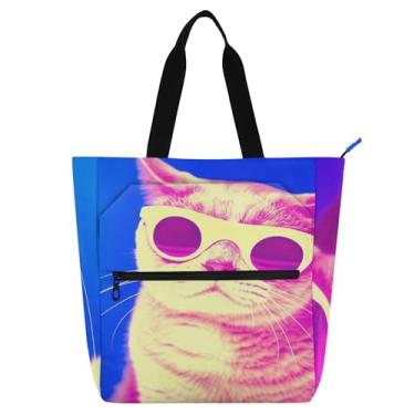 Imagem de GAIGEO Bolsa feminina Cat Yellow Blue para trabalho de lona com zíper bolsa de praia bolsa carteiro com compartimentos