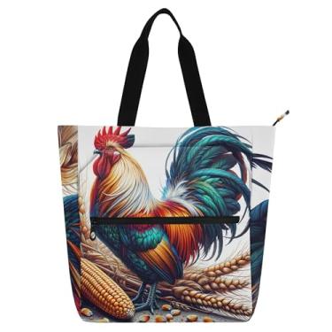 Imagem de GAIGEO Bolsas de trabalho femininas com estampa de galo de fazenda, bolsa de lona com zíper, bolsa de praia para professores com compartimentos