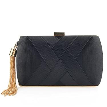 Imagem de Bolsa feminina elegante de seda com pingente de borla para noiva, casamento, formatura, festa noturna, Preto