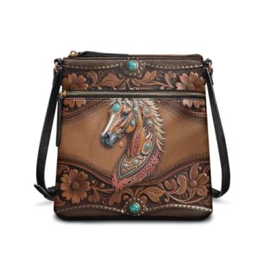 Imagem de Sannovo Bolsa Hobo Feminina de Couro com Alça de Ombro Ajustável e Bolsos com Zíper, Cavalo marrom tribal floral, 10.43 inches x 4.33 inches x 9.45 inches