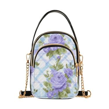 Imagem de Margaridas em bolsa tiracolo com alça removível xadrez azul e branco, bolsas transversais de viagem para mulheres, Rosas azuis e flores verdes - 4, One Size