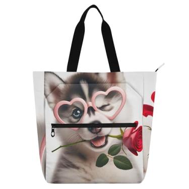 Imagem de GAIGEO Bolsa feminina Husky Puppy Valentine para trabalho, lona, praia, livro, com zíper, bolsa de professores com compartimentos