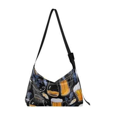 Imagem de Glasses of Beer Greeting Happy New Year Bolsa de ombro Hobo de couro, bolsa feminina transversal, bolsa de ombro de couro, Beer on Black-2, One Size