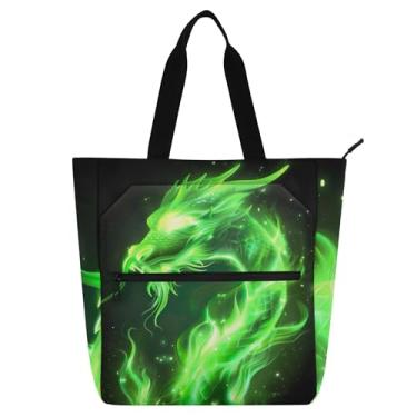 Imagem de GAIGEO Bolsas de trabalho femininas com dragão de fogo verde bolsa de lona para livros de praia bolsa carteiro com zíper com compartimentos