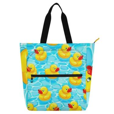 Imagem de Linda sacola de trabalho de piscina azul patos amarelos para mulheres, bolsas de tecido de lona, bolsas de tecido para faculdade, escola, livros, presentes