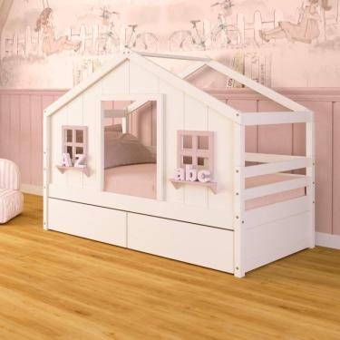 Imagem de Cama Casinha Dos Sonhos Com 02 Gavetas Madeira Maciça Branco/ Rosa Megamobilia