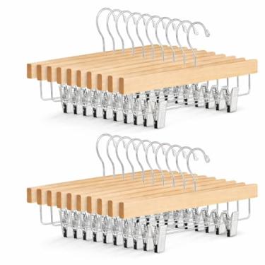 Imagem de Pacote com 20 cabides de madeira natural com clipes ajustáveis, cabides de saia de madeira com gancho giratório de 360° para jeans, calças, shorts