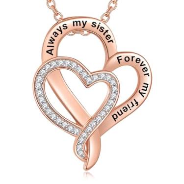 Imagem de Aihitero Presente para irmã de Natal, colar com pingente de coração de amor com mensagem "Always My Sister Forever My Friend", joia feminina de ouro rosa, presente de aniversário de dia dos namorados