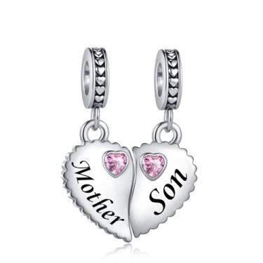 Imagem de Pingente de coração de mãe e filho com zircônia rosa dividível serve para pulseiras Pandora berloques de Natal, aniversário, joias de presente para mulheres, mãe, família, amor